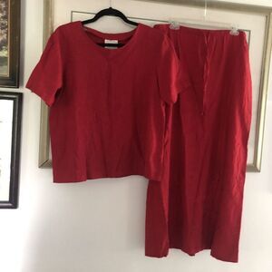 Country Wear Casuals Red Linen Floral Eyelet Skirt Top Set Sz M A1416